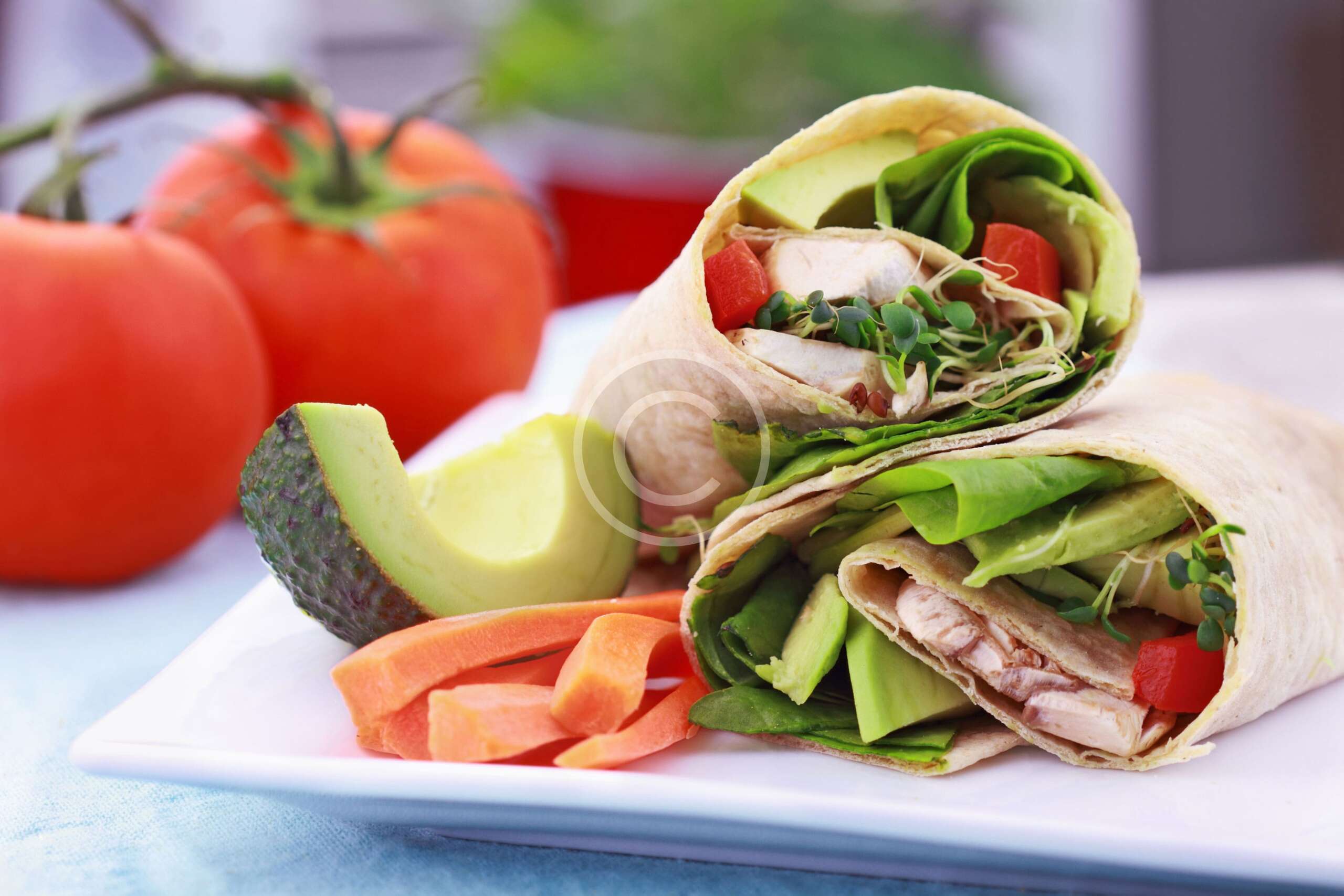 Chicken, carrot & avocado rolls